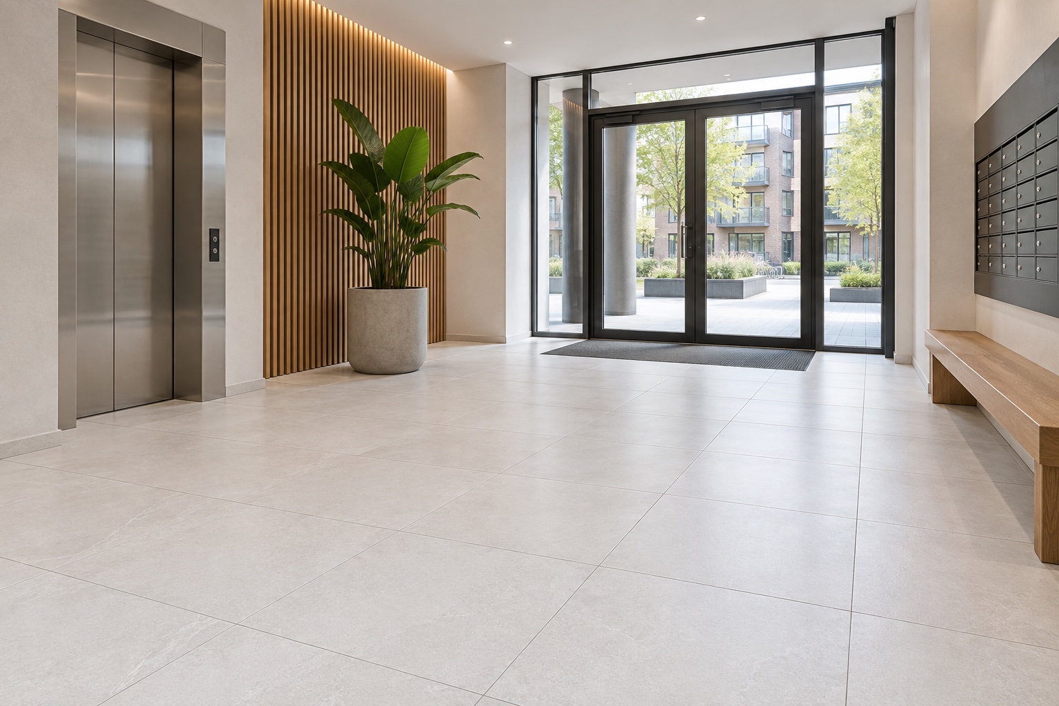 Lichte keramische tegels van 60 bij 60 centimeter in een appartementenentree